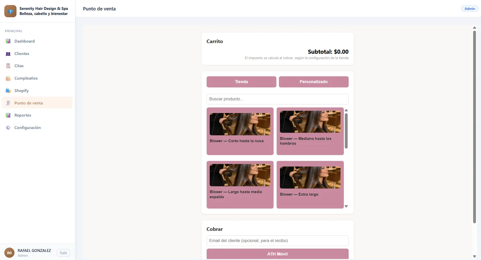 Punto de venta de BeautyOS con servicios del salón